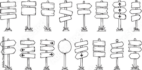 A collection of hand-drawn sketch-style wooden signposts and directional arrows, perfect for rustic design elements.