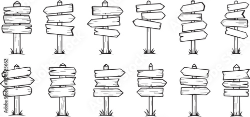 Hand-drawn cartoon vector illustration set of various blank wooden signposts and road signs, isolated on white background.