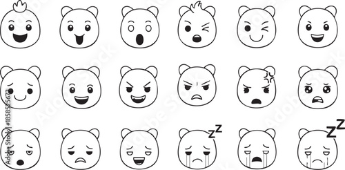 A collection of black and white line art bear emoji faces expressing various emotions and moods.