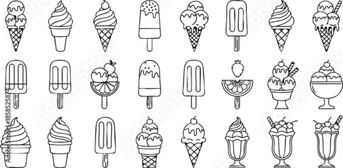 A comprehensive collection of various ice cream cones, popsicles, and sundaes in a simple outline style.
