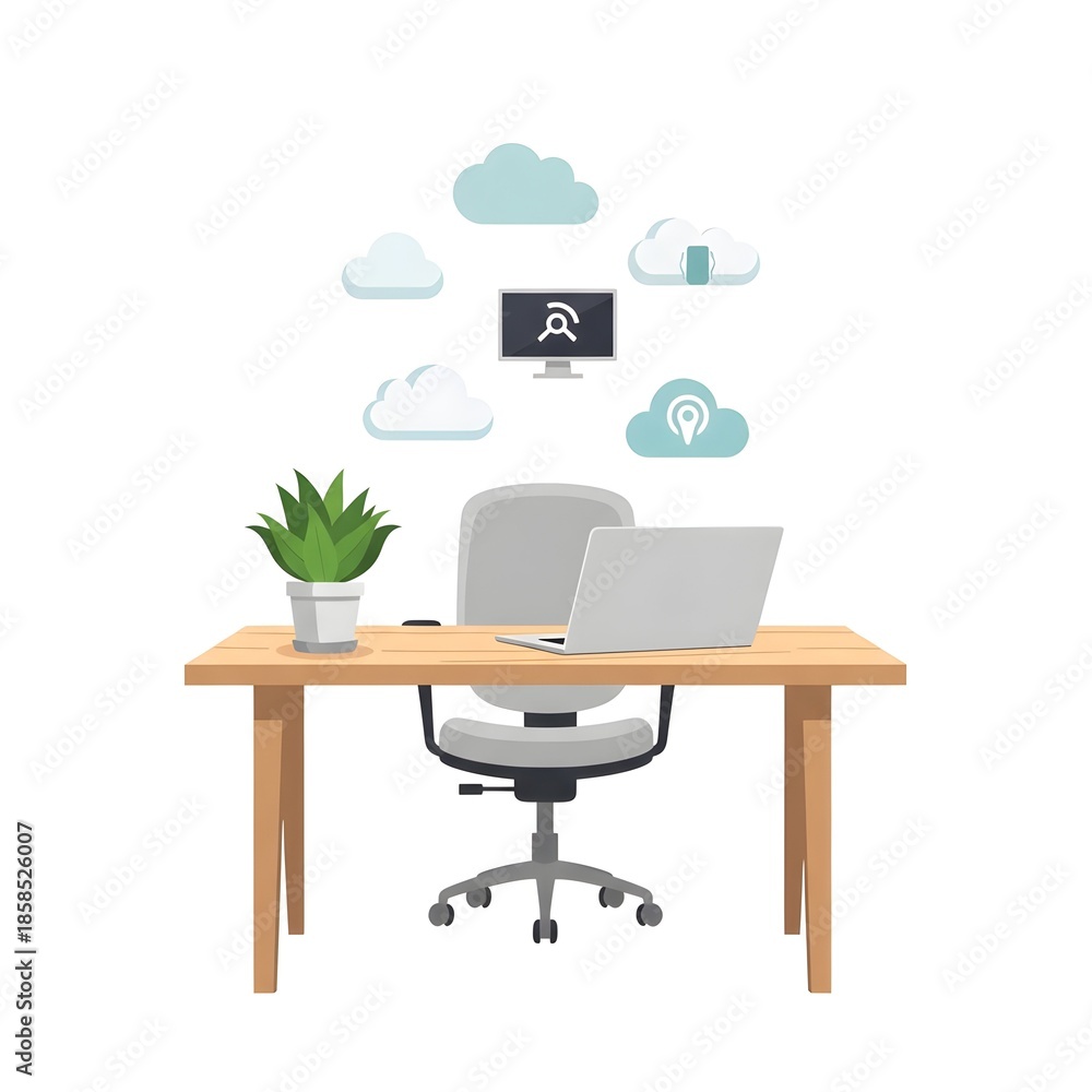 Fototapeta premium Flat vector illustration of a remote work desk with laptop and cloud computing icons. Concept of digital workspace, online collaboration, cloud technology