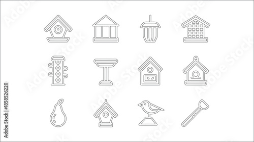 Collection of assorted bird feeder house and bird on scale line art symbols