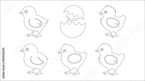 Cute newborn chicks and cracked eggshell line art perfect for easter holiday coloring pages