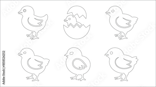 Simple black and white line art of six baby chicks and hatching egg for children coloring activity