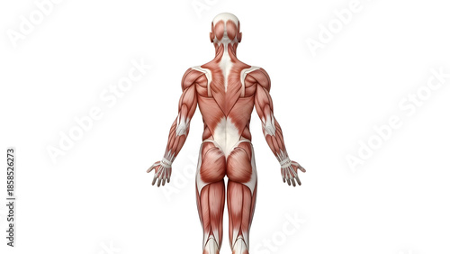 back muscles anatomy illustration showing clearly defined muscle groups, rear upper body view, isolated on white background for medical education.