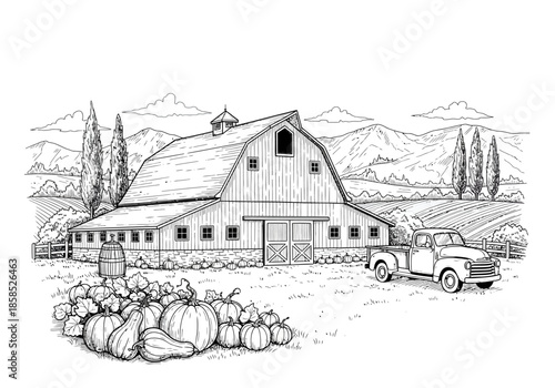 A classic farm scene with a barn, pumpkins, and a vintage truck