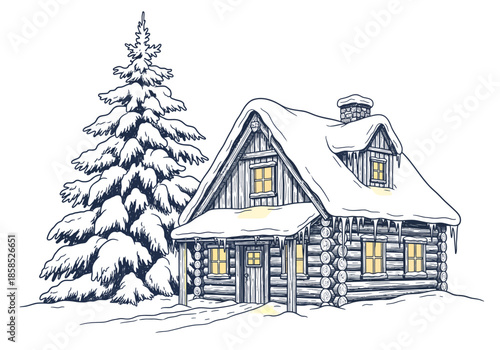 Cozy log cabin nestled beside a snow-covered pine tree in winter