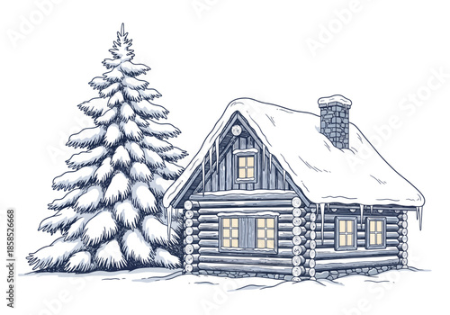 Winter scene: snow-covered log cabin and evergreen tree