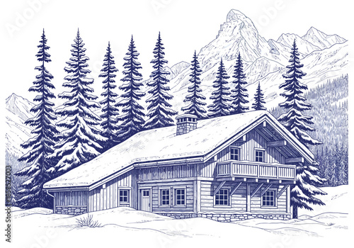 A charming wooden cabin nestled amidst snow-covered pine trees and majestic mountains.