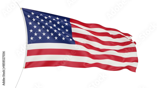 American flag flying with detailed fabric folds, isolated on white background for patriotism and national identity themes.