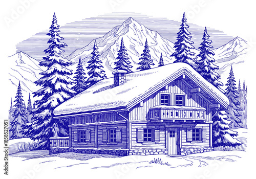 Winter mountain cabin surrounded by snow-covered pine trees