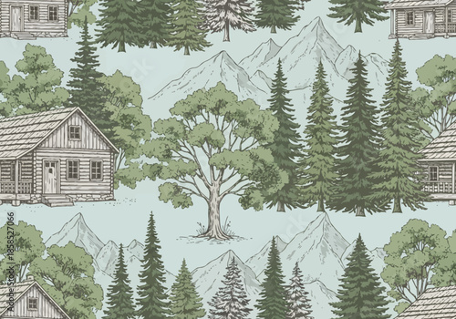 Rustic log cabin nestled in a serene mountain forest landscape