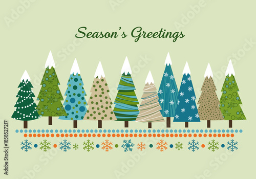 Whimsical christmas trees and snowflakes for season's greetings