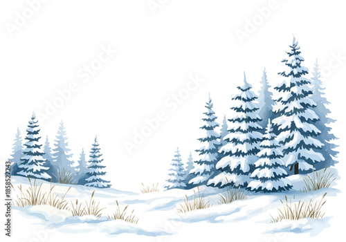 Snow-covered pine forest in a serene winter landscape