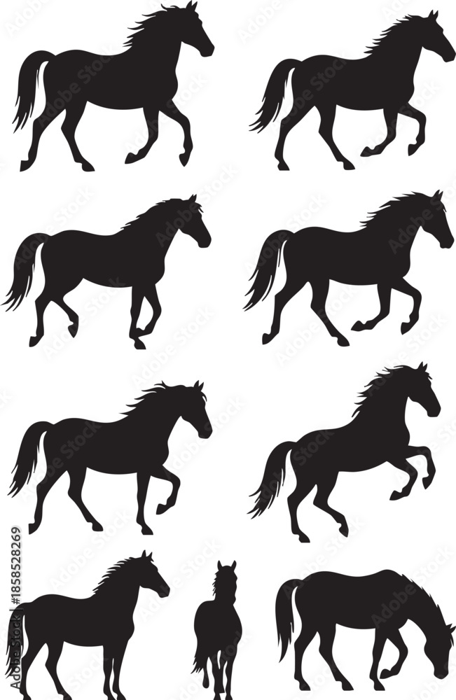 Obraz premium Horse Silhouettes Set in Various Poses Black and White