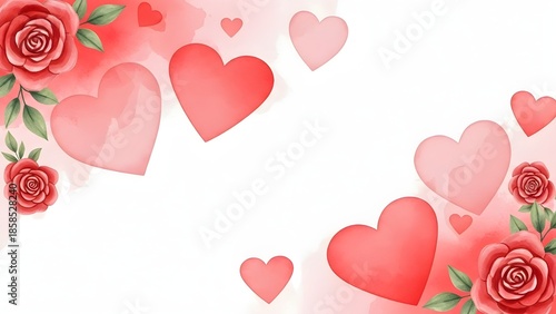 Watercolor hearts and red roses frame with copy space