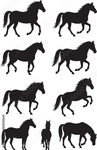 Horse Silhouettes Set in Various Poses Black and White
