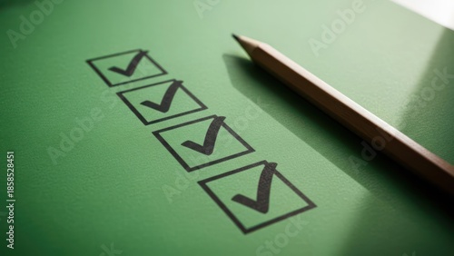 Green checklist with ticked boxes and a pencil casting a soft shadow