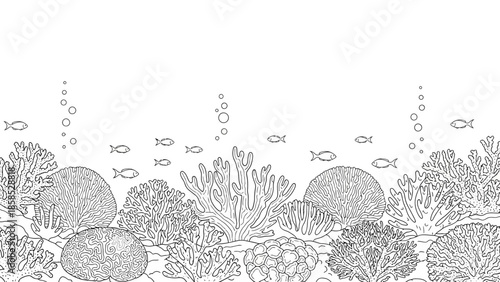Underwater sea life, coral reef with small fish and bubbles, black and white line art