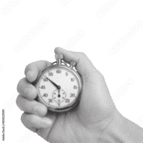 Silhouette of hand holding vintage stopwatch in halftone dots. Black and white time management concept graphic. Retro clock and deadline illustration.