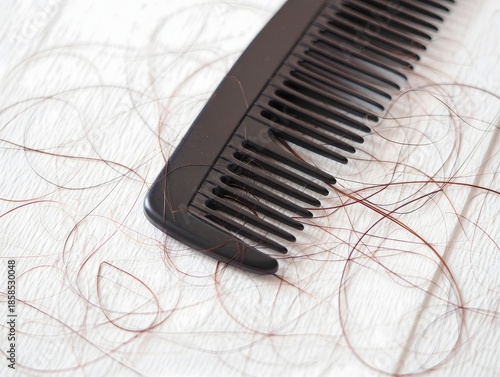 Black Hair Comb with Shed Hair on White Wooden Surface