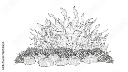 Undersea Garden Illustration: Aquatic Plants, Corals, and Shells