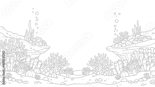Underwater Coral Reef Landscape Line Drawing Coloring Page