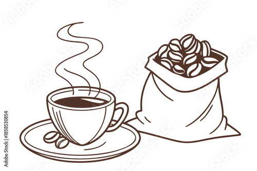 A steaming cup of hot coffee next to a bag of coffee beans, minimal flat vector illustration