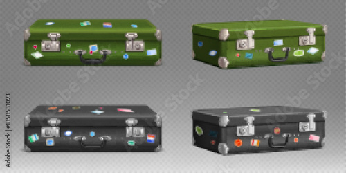 Old green and black suitcases set isolated on transparent background. Vector realistic illustration of vintage luggage with travel destination stickers, vintage leather baggage case with metal lock
