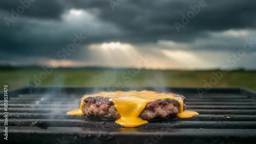 Outdoor Cheeseburger Grilling on Sunny Day