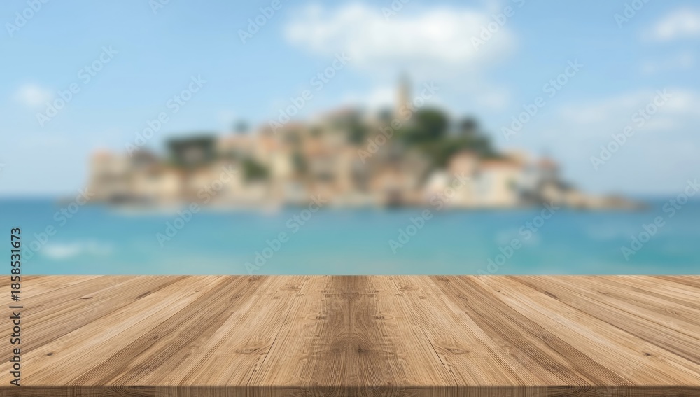 Fototapeta premium Blank shelf against a blurred townscape background, suitable for interior organization or retail display.