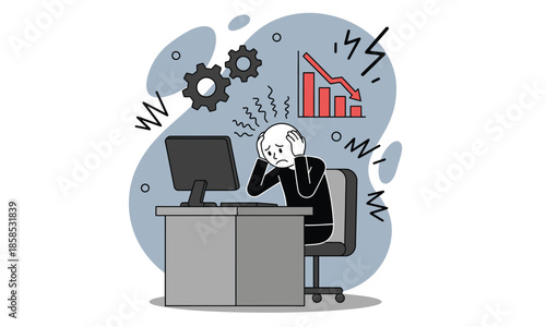 Overwhelmed Employee Feeling Stress and Anxiety at Workplace. Man Holding Head in Frustration with Declining Performance Graph and Business Crisis