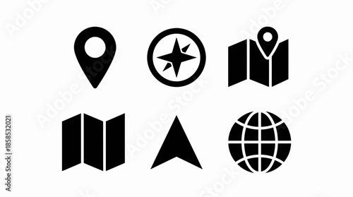 Six black vector icons displaying global navigation, location pin, compass, map and direction symbols, concept for mobile app interfaces, GPS tracking systems and website design