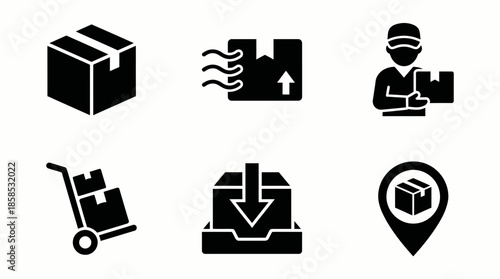 Solid glyph icons representing packaging, fast shipping, courier delivery and location tracking, concept for e-commerce interfaces, corporate logistics and delivery apps