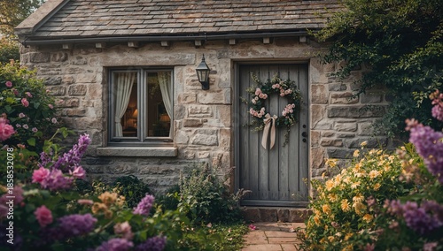 Cozy rural home with floral accents, focusing on an attractive entrance and window, ideal for landscape design