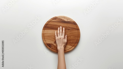 Woman gripping wooden cutting board during food prep, highlighting kitchen activity and task efficiency, isolated on white