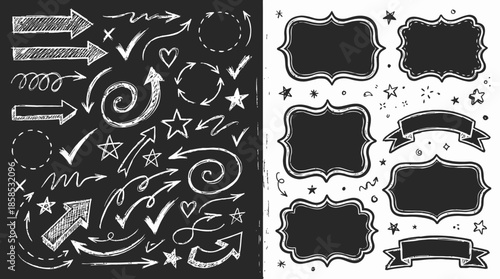 Hand-drawn vector doodle collection featuring arrows, stars, checkmarks and decorative chalkboard frames, concept for user interface elements, school projects and data visualization