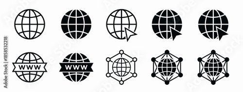 Black vector icon set illustrating globe, internet symbols and worldwide web network concepts, concept for web development, digital communication and global marketing strategy