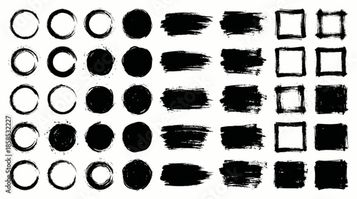 Artistic black ink grunge strokes vector set featuring various circles, rectangles and square frames on white, concept for logo design, social media posts and abstract backgrounds