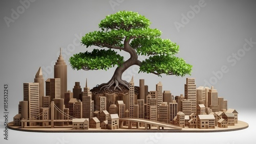 Bonsai Tree Growing Out of Miniature Cityscape Symbolizing Nature and Urban Life.