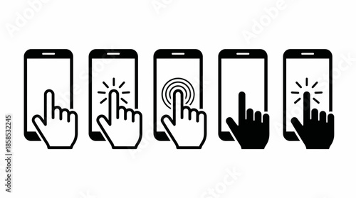 Five vector icons illustrating hands tapping or clicking a smartphone screen interface set on a white background, concept for user interface design, mobile application development and web advertising