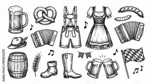 Vintage hand-drawn Oktoberfest icons set featuring beer mug, pretzel, lederhosen and dirndl dress, concept for menu design, festival promotion and event invitation
