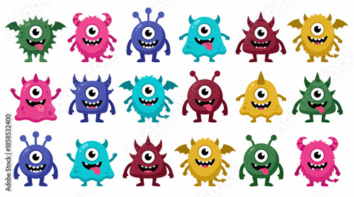 Cute colorful cartoon monster set with cyclops eyes, horns and funny expressions on white background, concept for game design, Halloween graphics and children’s education