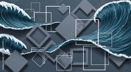 Dynamic interplay of ocean waves and geometric forms artwork rendition