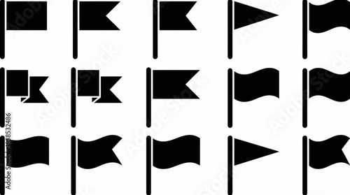 Collection of fifteen black flag silhouette icons featuring various rectangular, wavy and triangular banner shapes, concept for user interface design, application development and website mapping