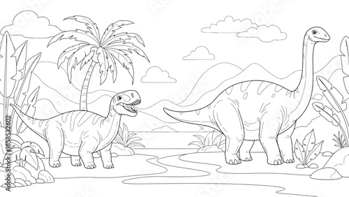 Cute Dinosaur Coloring Page: Brontosaurus Family in Lush Prehistoric Landscape
