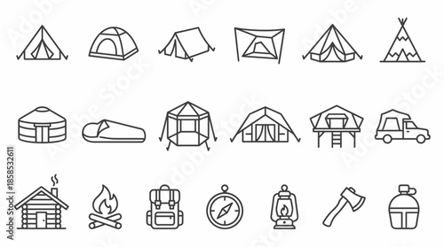 Outline vector icons set depicting various tents, camping equipment and outdoor adventure tools, concept for hiking application interface, travel brochure design and wilderness infographic