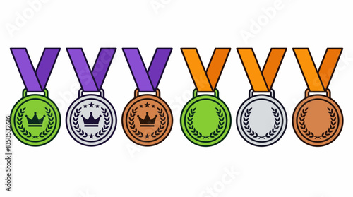 Six colorful vector medals representing various ranks and achievements displayed in a horizontal line illustration, concept for competition awards, ranking systems and success motivation