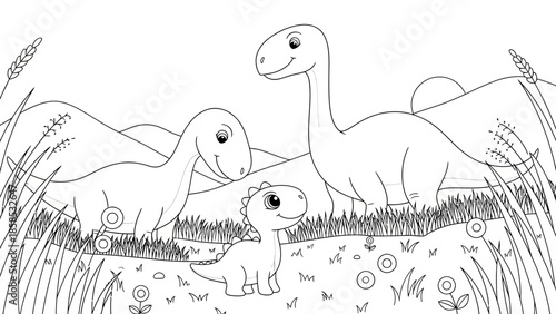 Cute Dinosaur Family Coloring Page - Cartoon Brontosaurus and Baby