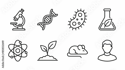 Black line icons of science and biology symbols including DNA, microscope, atom, germ and plant on white, concept for medical research, biotechnology presentations and education design